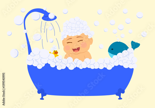 baby in bath foam. Vintage bath and soap foam bubbles on beige background, illustration.