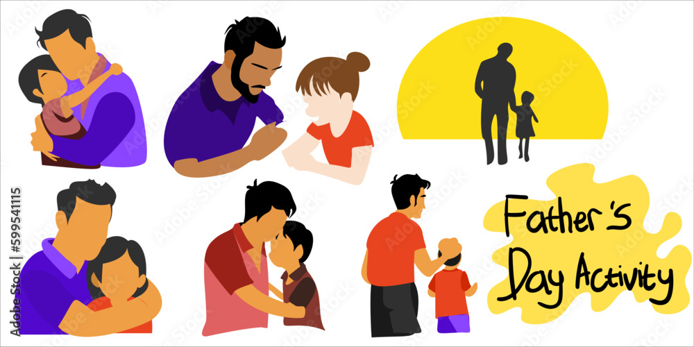 Set of worried dad calming down crying children. Parenthood care and childhood problems, kid supporting moment and emotional comforting help cartoon vector illustration Set of worried dad calming down crying children. Parenthood care and childhood problems, kid supporting moment and emotional comforting help cartoon vector illustration