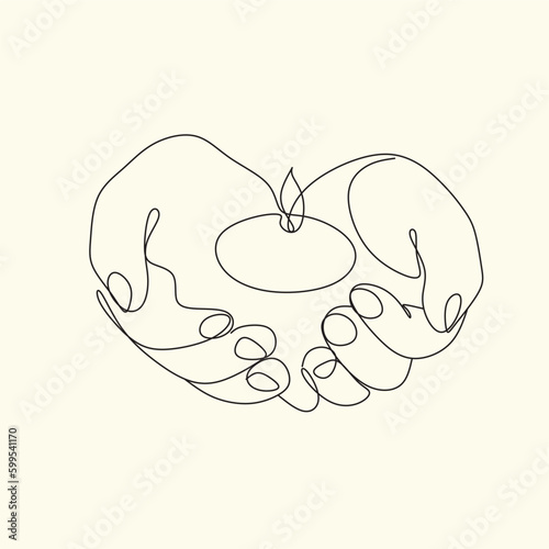 Woman with a candle in a modern single line art style. Human hands holding a memory candle in the hands. Continuous one line drawing of hope family female fire home logo