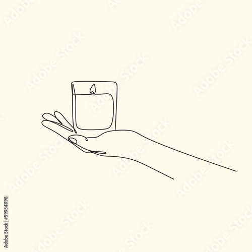 Woman with a candle in a modern single line art style. Human hands holding a memory candle in the hands. Continuous one line drawing of hope family female fire home logo