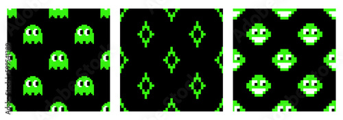 Set of acid seamless patterns in green. Pac man pattern, emoticon, star. Vector patterns on a black background in trendy Y2K style, 90s. photo