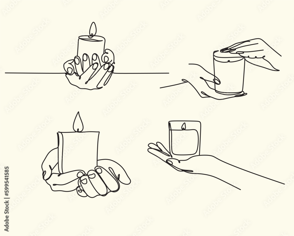 Woman with a candle in a modern single line art style. Human hands holding a memory candle in the hands. Continuous one line drawing of hope family female fire home logo