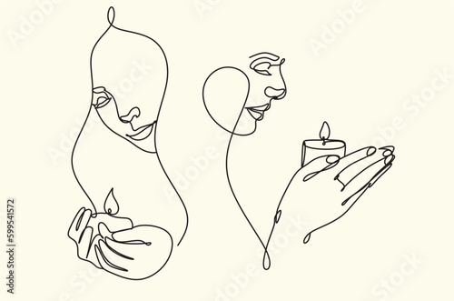 Woman with a candle in a modern single line art style. Human hands holding a memory candle in the hands. Continuous one line drawing of hope family female fire home logo