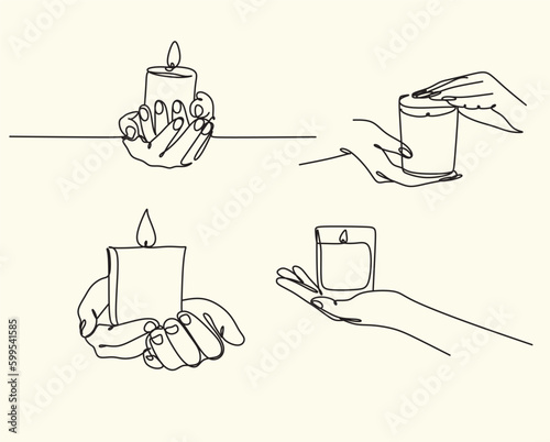Obraz na płótnie Woman with a candle in a modern single line art style. Human hands holding a memory candle in the hands. Continuous one line drawing of hope family female fire home logo w salonie