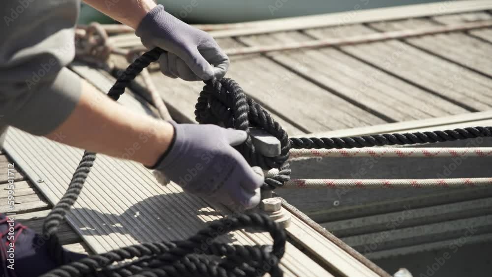 A man wearing gloves ties a strong cleat hitch. Knot for cleat dock. Close-up. Mooring knot. Sailor. Sailing boat.Sailboat mooring. 4K