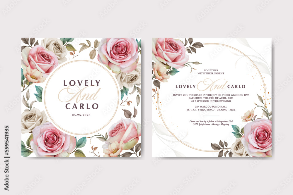 wedding card set with roses flowers