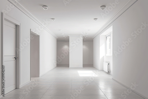 Modern minimalist interior with an entrance door to a large empty white room and a window  created with Generative AI