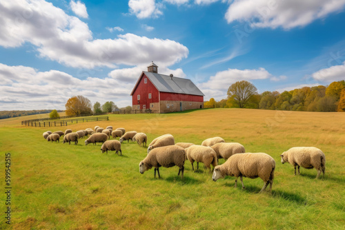 flock of sheep grazing on a peaceful farmland with a beautiful red barn and a clear blue sky, generative ai