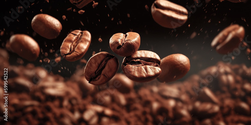 Flying coffee beans background. Close-up brown coffee beans banner. generative ai. Closeup coffee grains background © Aquir