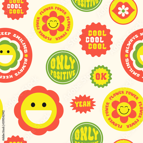 Trendy colorful cartoon stickers seamless pattern with smiling face and text on a beige background. Collection of cute funny icons, positive slogans in style 70, 80s. Vector illustration