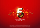 5th anniversary with realistic 3d golden ribbon decoration. vector premium design.