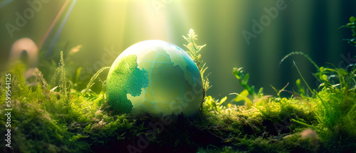 Green Globe On Moss - Environmental Concept. created with Generative AI