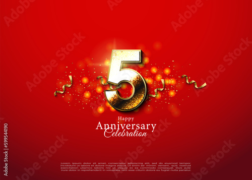 5th anniversary with realistic 3d golden ribbon decoration. vector premium design. photo