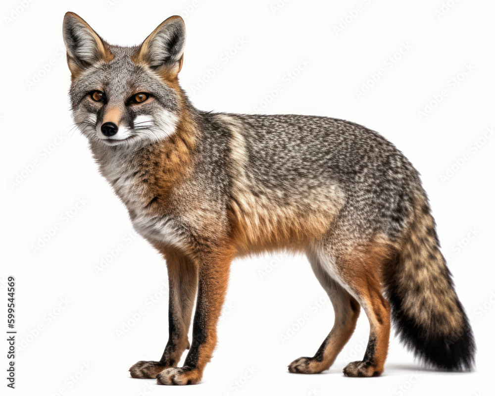 photo of gray fox isolated on white background. Generative AI