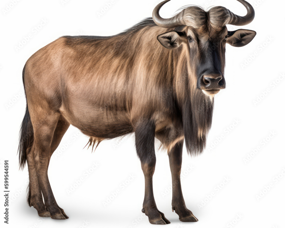 photo of gnu (Connochaetes) isolated on white background. Generative AI photo of gnu (Connochaetes) isolated on white background. Generative AI