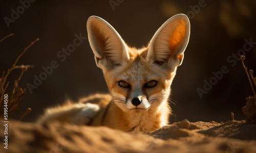 Photo of fennec in the wild: captured in its natural desert habitat, its ears alert and its eyes fixed on its prey.