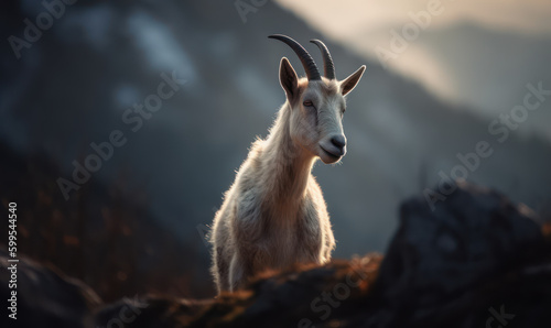 Alpine Majesty: Photo of goat, a majestic Alpine breed, standing atop a rocky outcrop, overlooking a vast mountain range, while lighting creates a dramatic, otherworldly effect. Generative AI
