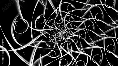 Fractal spiral lines rotating around centre, forming tunnel at dark background. Black and white abstract volute backdrop with curved particles moving helically. 4K UHD 4096x2304 ultra high definition photo