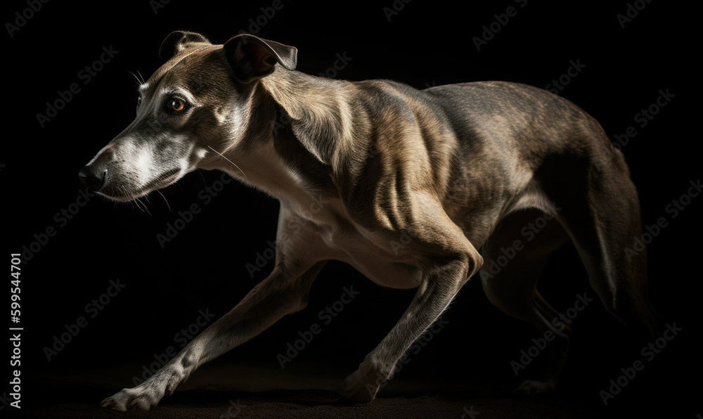 Photo of Greyhound, the epitome of grace and speed, captured in a classic greyhound racing setting emphasizing the sleek lines and powerful physique of the dog. Generative AI