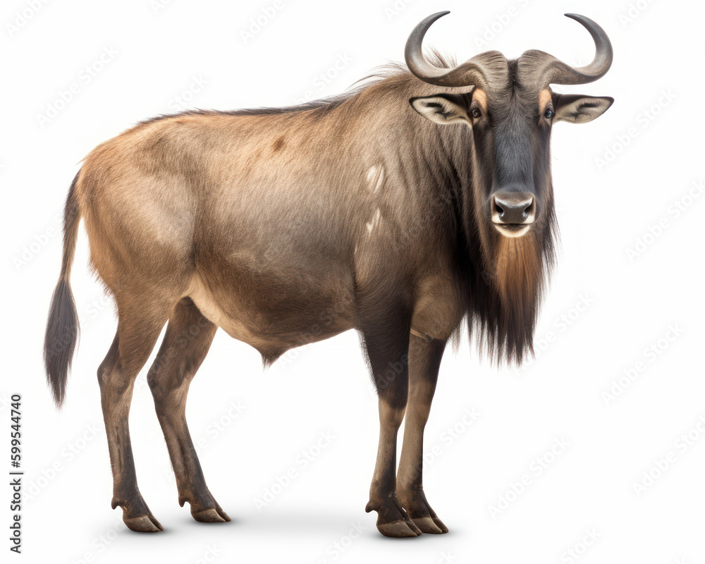 photo of gnu (Connochaetes) isolated on white background. Generative AI photo of gnu (Connochaetes) isolated on white background. Generative AI