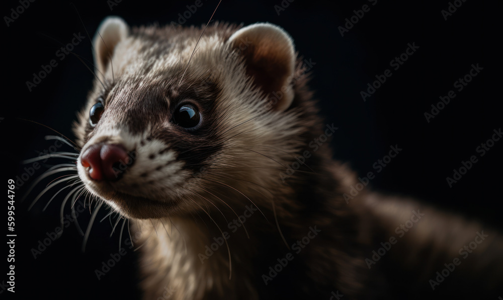 Photo of ferret, showing its playful and curious nature on black backdrop. Generative AI Photo of ferret, showing its playful and curious nature on black backdrop. Generative AI