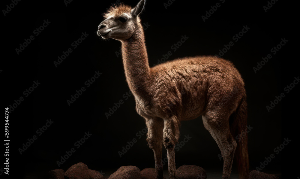 photo of guanaco (Lama guanicoe) on black background. Generative AI