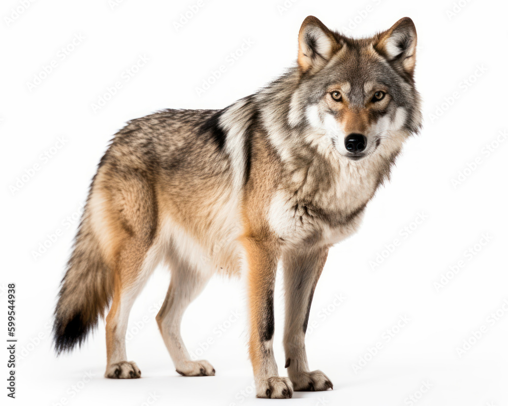 photo of gray wolf isolated on white background. Generative AI