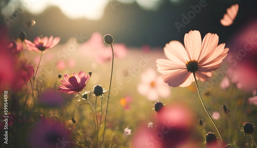 cosmos flowers on spring and summer season, blooming at colorful wild flower field with natural sunlight background scene © IMAGINIST