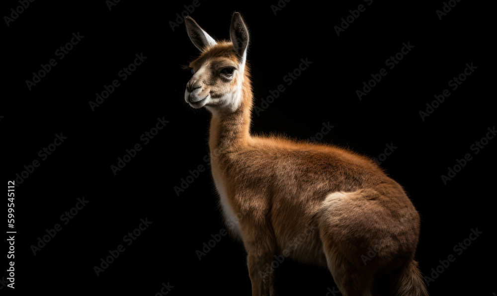 photo of guanaco (Lama guanicoe) on black background. Generative AI photo of guanaco (Lama guanicoe) on black background. Generative AI