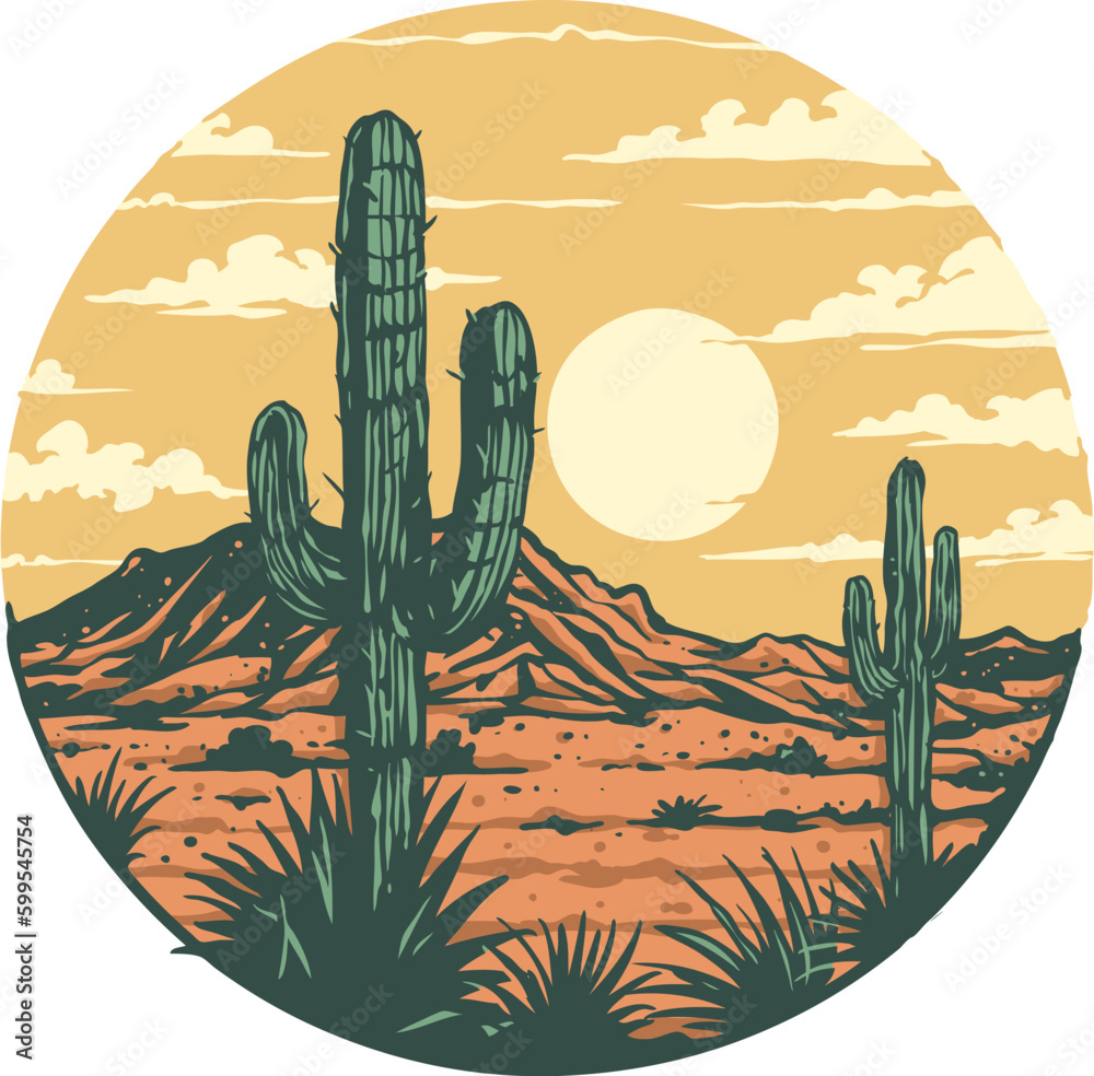 A graphic of a wild west desert landscape with a cactus and mountains ...