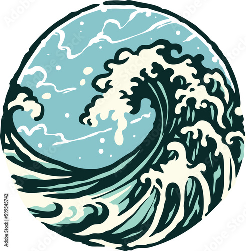 Illustration of a vintage japanese cartoon style wave in a circle