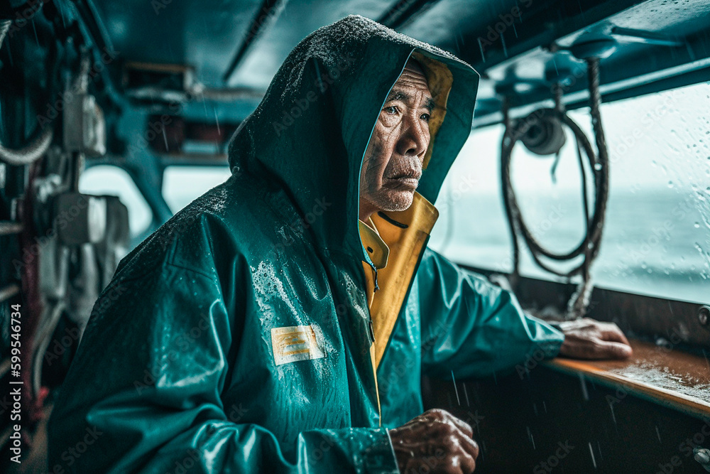 Veteran sailor in the cabin of the ship looking for areas to fish in the high seas