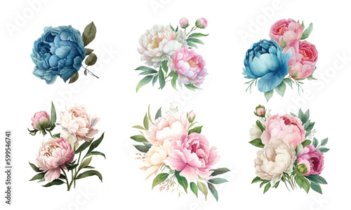 Watercolor flower peony, flowers and leaves peonies, watercolor rose isolated on white background, floral set, vector design for invitation, wedding, save the date, card, holiday, summer design
