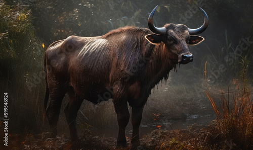 photo of gaur (Bos gaurus) in its natural habitat. Generative AI
