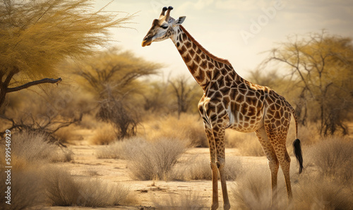 sunset photo of giraffe in its natural habitat. Generative AI