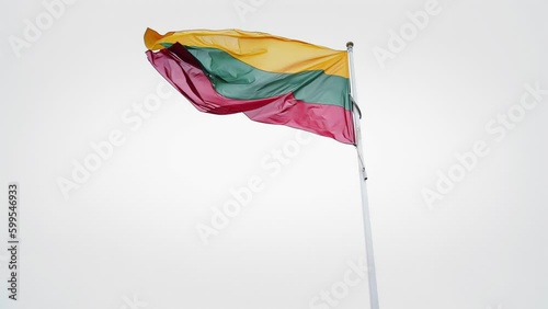 The Lithuanian flag waving in the wind. Lithuanian flag against a cloudy sky. The flag flutters on a light background. Flag on a pole.