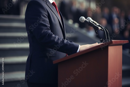 Politician standing at rostrum with microphones. Generative AI Fototapet