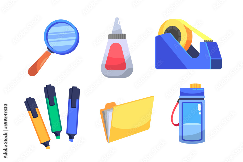 school element tools, education icons for back to school concept with glue, tape, folder, magnifying glass school element tools, education icons for back to school concept with glue, tape, folder, magnifying glass