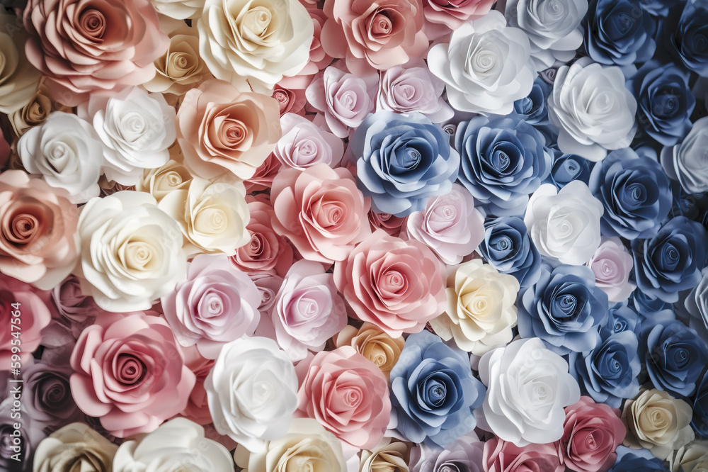 Fototapeta Colorful Paper Roses as a Vibrant Backdrop for your Next Event. created with Generative AI