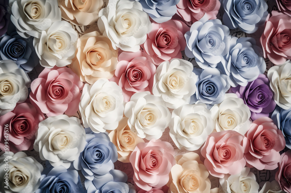 Fototapeta Colorful Paper Roses as a Vibrant Backdrop for your Next Event. created with Generative AI
