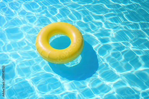 Summer Yellow Swimming Pool Ring Float in Blue Water. created with Generative AI