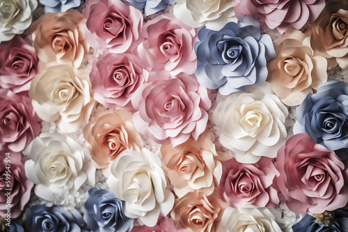 Colorful Paper Roses as a Vibrant Backdrop for your Next Event. created with Generative AI