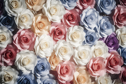 Colorful Paper Roses as a Vibrant Backdrop for your Next Event. created with Generative AI