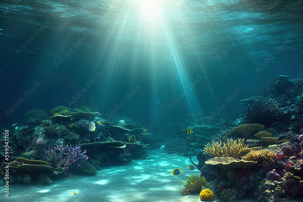 Fototapeta premium Tropical Seabed - An Underwater Scene with Vibrant Reef and Sunshine. created with Generative AI
