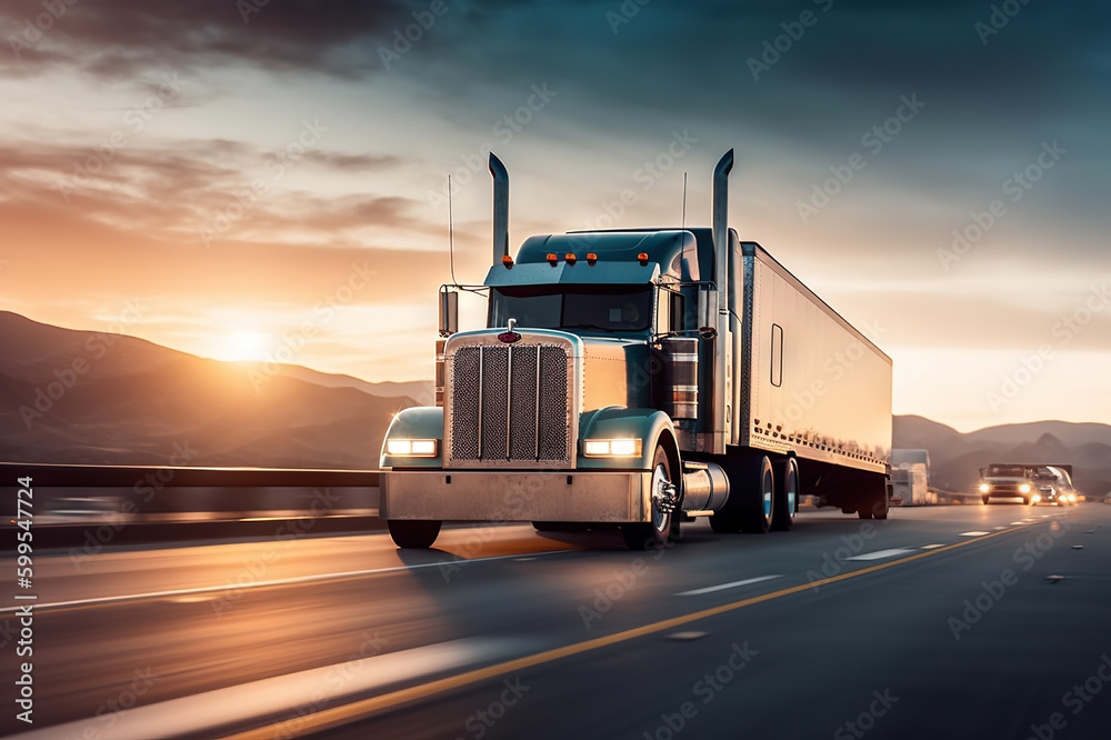 American-Style Truck Pulling a Load on the Highway. created with Generative AI American-Style Truck Pulling a Load on the Highway. created with Generative AI