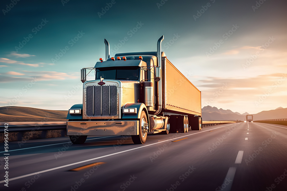 American-Style Truck Pulling a Load on the Highway. created with Generative AI