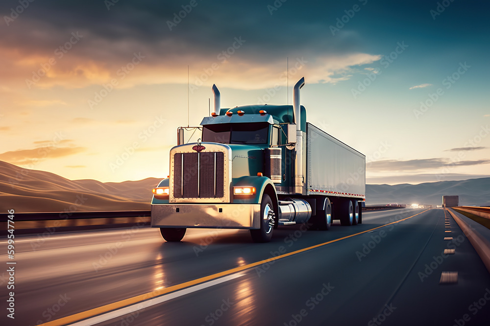American-Style Truck Pulling a Load on the Highway. created with Generative AI American-Style Truck Pulling a Load on the Highway. created with Generative AI