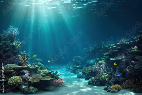 Tropical Seabed - An Underwater Scene with Vibrant Reef and Sunshine. created with Generative AI