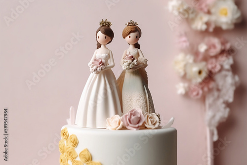Cute wedding cake topper with two brides. Gay marriage concept. Generative AI illustration
