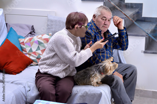 An elderly couple with their pet on the sofa in their living room using a tablet, the wife shows something on the tablet to the husband, while he is looking at the screen. Selective focus. Copy space